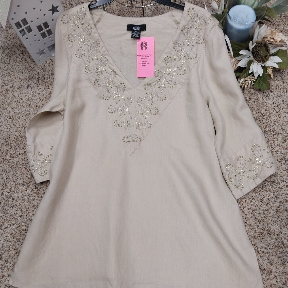 3411 1X Henry Brand 100% Lenin Beaded Tunic.